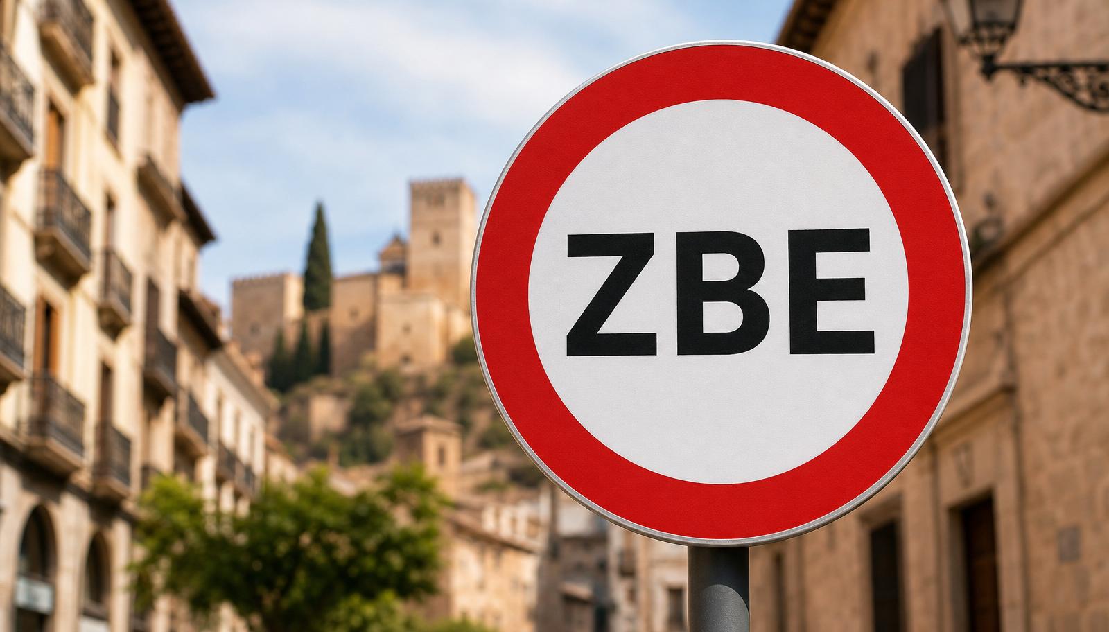 Señal de Zona de Bajas Emisiones en una calle histórica de Granada.