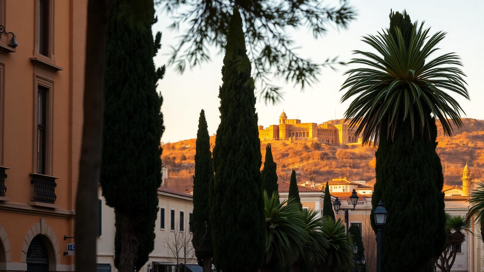 Vista de la Alhambra sobre la colina al atardecer, con cipreses y edificios del centro de Granada en primer plano.